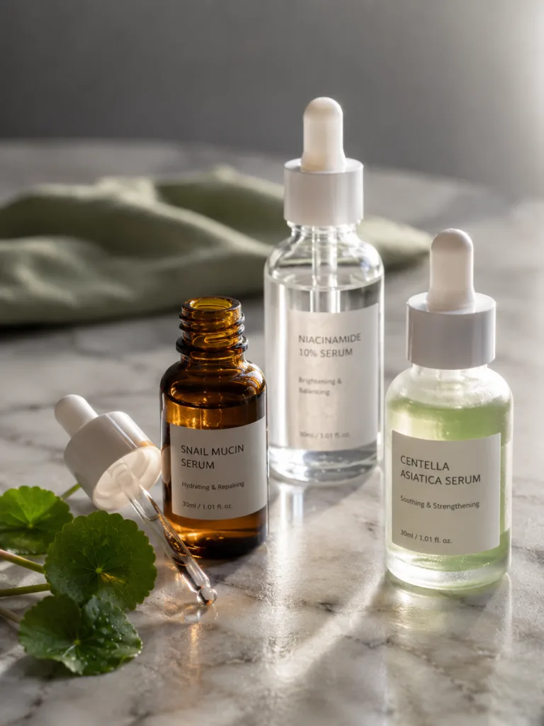 three korean skincare serum bottles with niacinamide snail mucin and centella asiatica next to fresh centella leaves on white marble