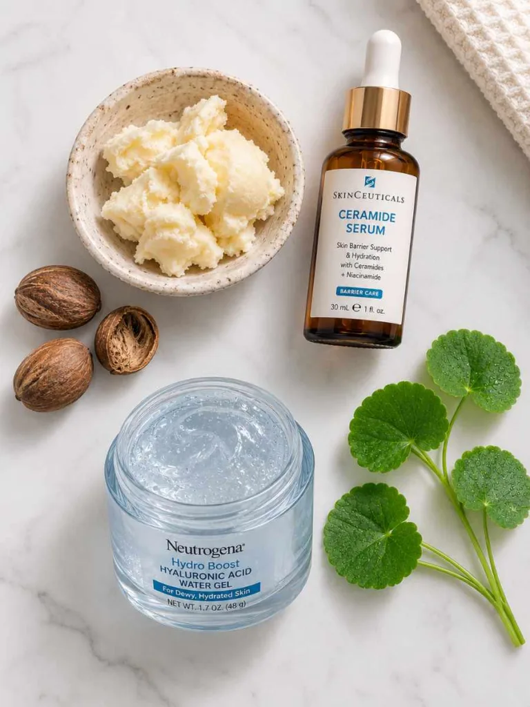 Flat lay of Korean lip balm ingredients: shea butter, ceramide, hyaluronic acid, and centella asiatica