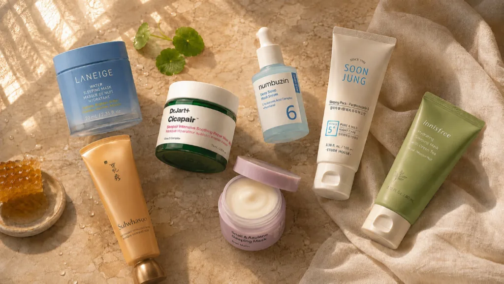 Flat lay of Korean overnight face masks for super hydrated skin on a marble vanity