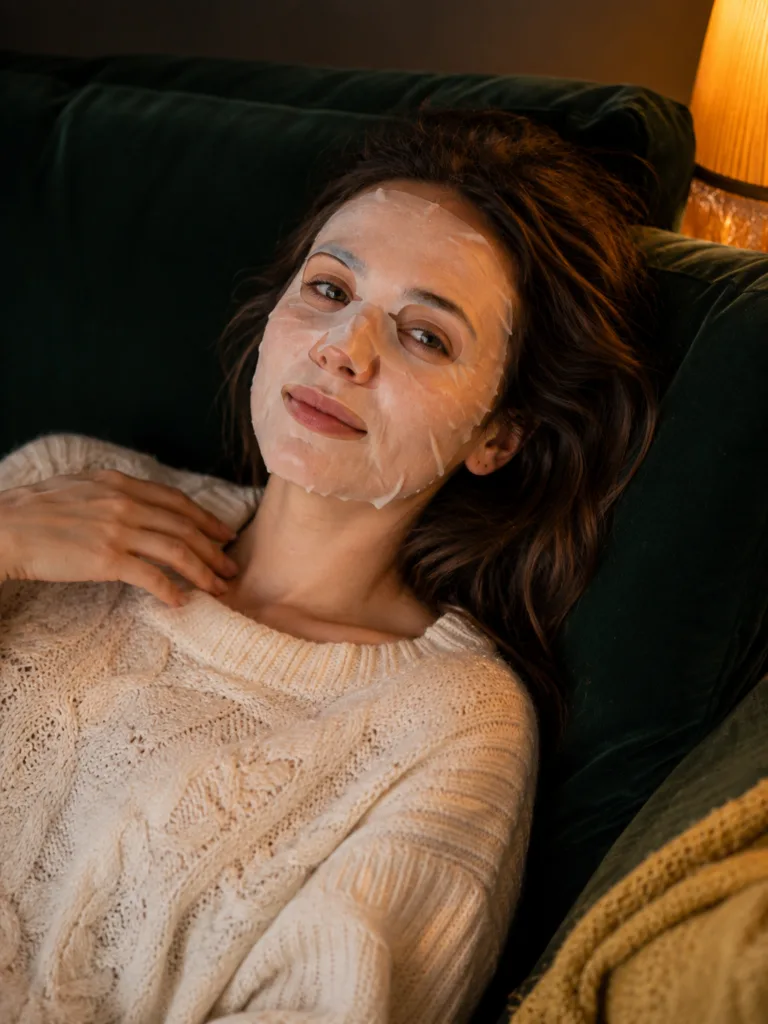 fair skinned woman wearing white korean sheet mask lying on forest green velvet sofa during 15 minute treatment
