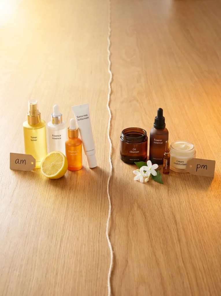 korean skincare morning routine products on left and evening routine products on right separated on light oak surface with am and pm tags