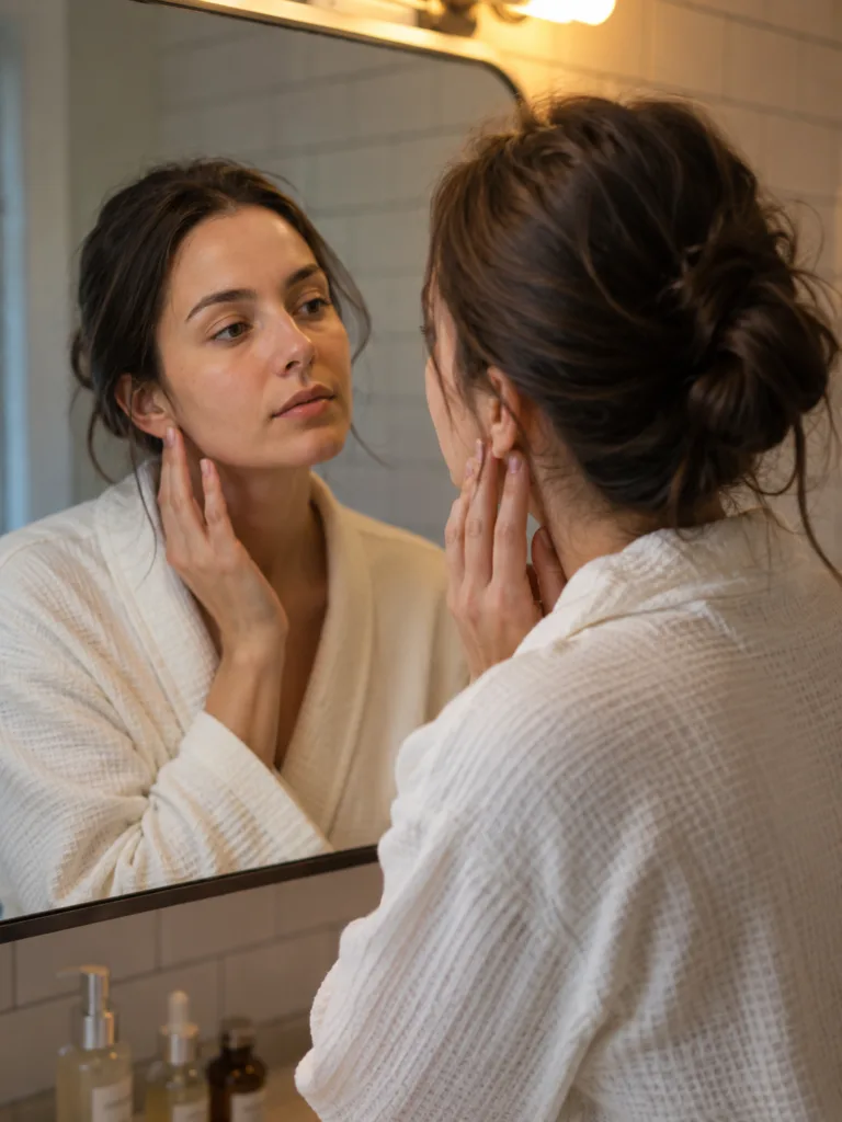 fair skinned woman in white bathrobe assessing her skin in bathroom mirror as part of korean skincare routine