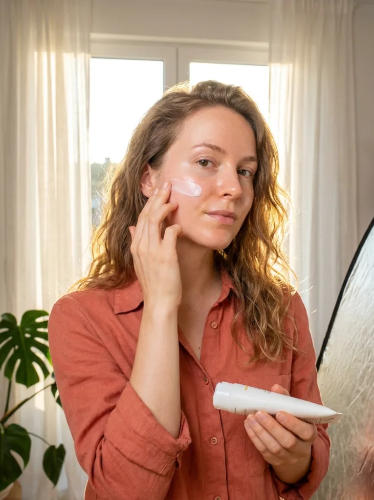 fair skinned woman applying korean spf 50 sunscreen to cheek as final step of morning skincare routine near bright window