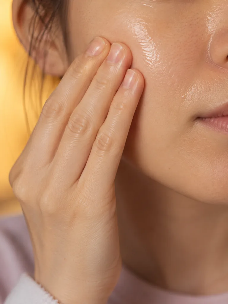 fair skinned woman patting korean hydrating toner onto cheek using finger press method for layered k-beauty hydration
