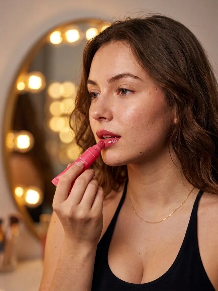 Woman applying Laneige Lip Glowy Balm for a dewy no-makeup makeup look