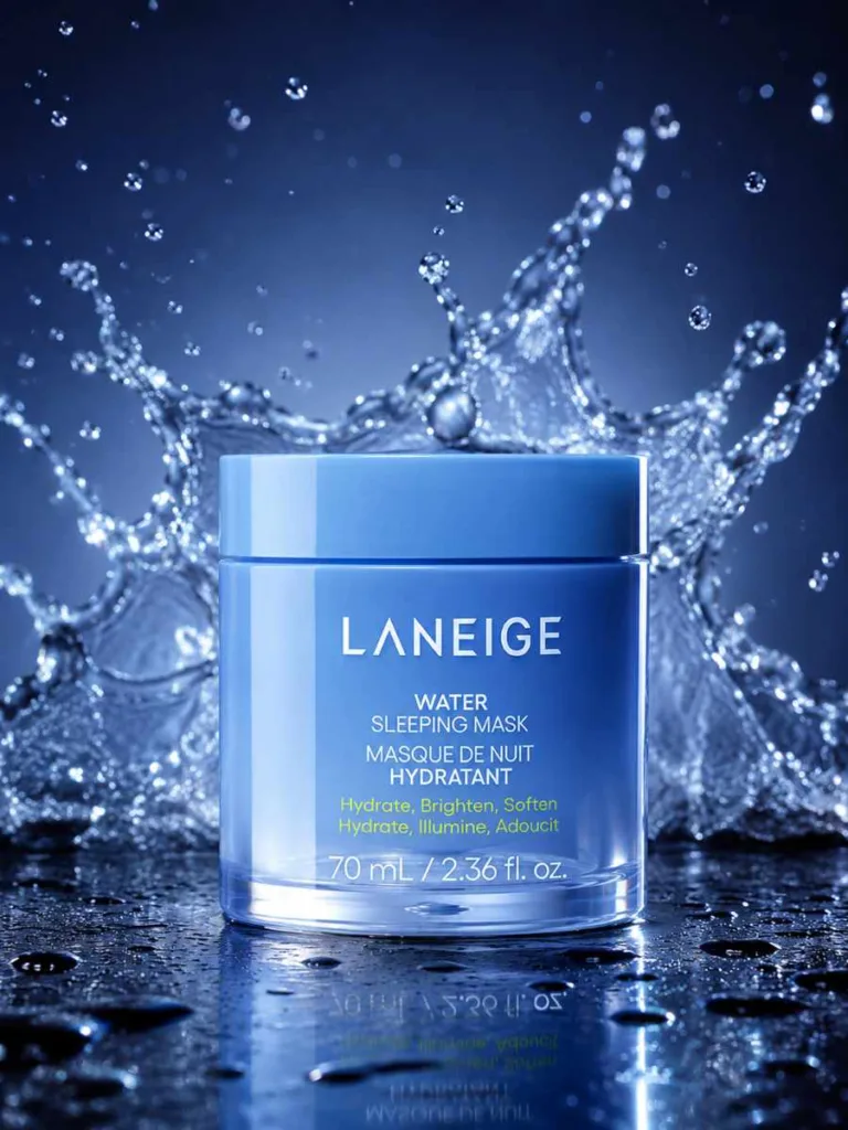 Laneige Water Sleeping Mask jar with a water splash studio shot