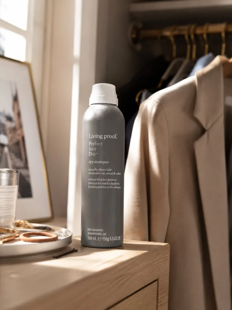 Living Proof dry shampoo can on a closet shelf in warm morning light