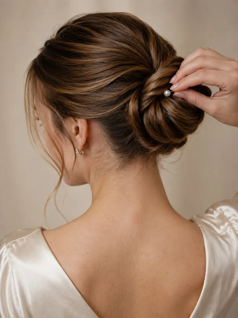 Close-up of a low chignon updo with pearl pins for a black-tie holiday event.