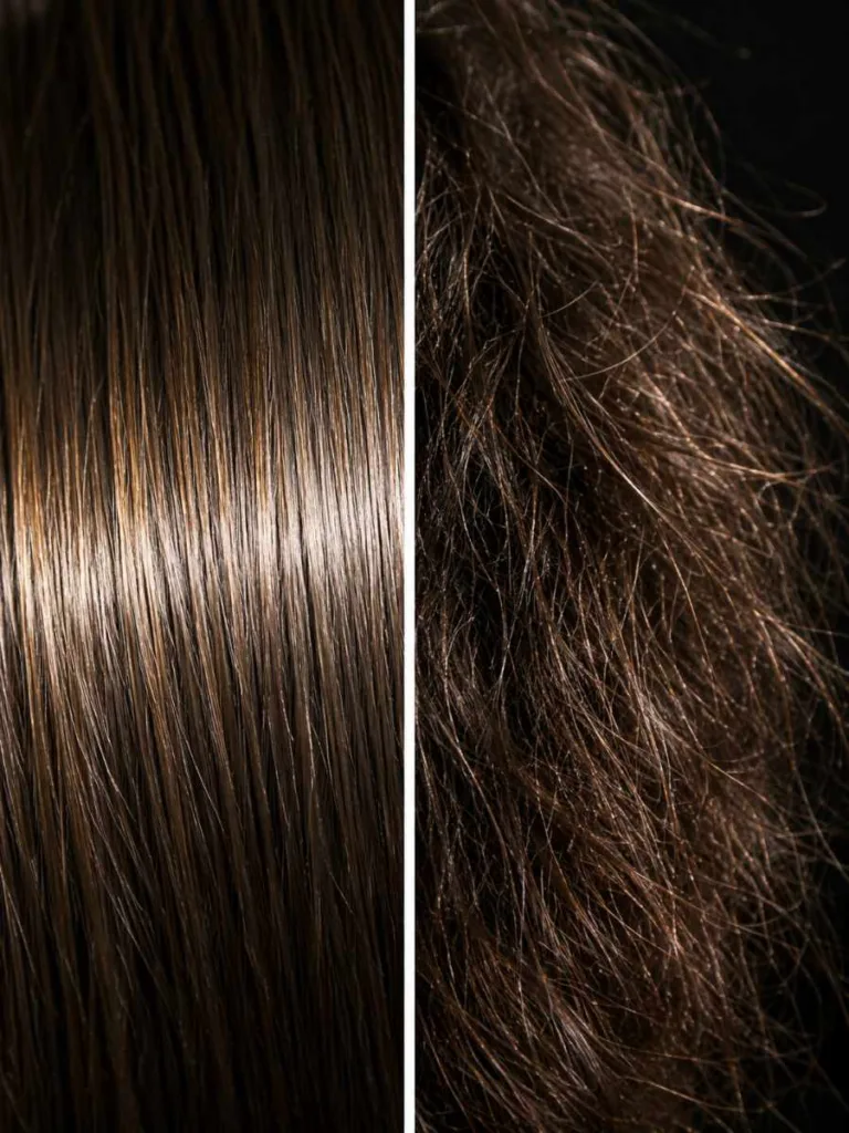 Close-up of hair cuticle texture showing the difference between smooth and dry strands
