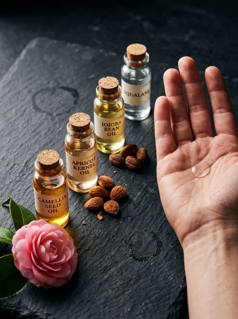 Macro close-up of squalane, jojoba, apricot kernel, and camellia oil ingredients used in korean cleansing oils