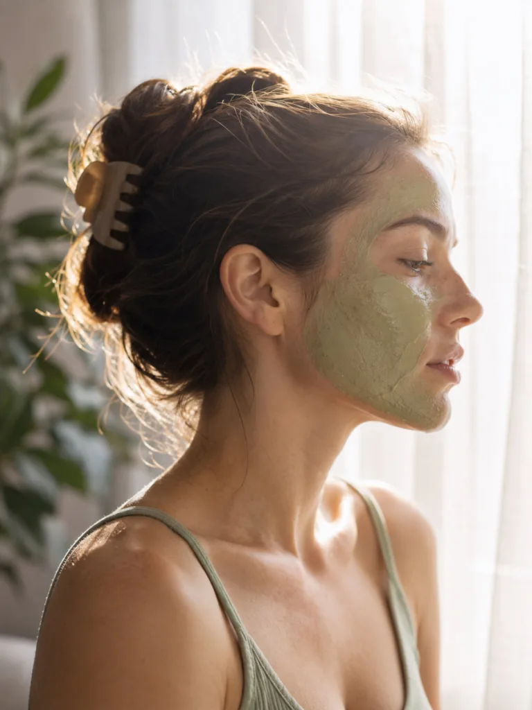 Woman with a green tea matcha organic face mask by a window
