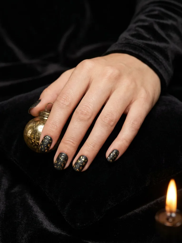 Close-up of matte black Christmas nails with scattered gold foil flecks