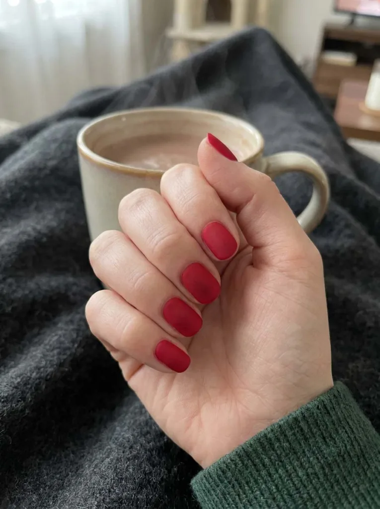 Matte red christmas nails on a hand holding a cocoa mug over a knit blanket
