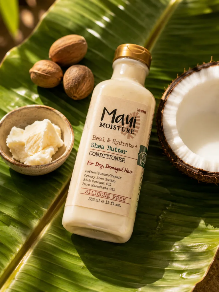 Maui Moisture shea butter conditioner bottle on a large green banana leaf with raw shea nuts and coconut milk drops
