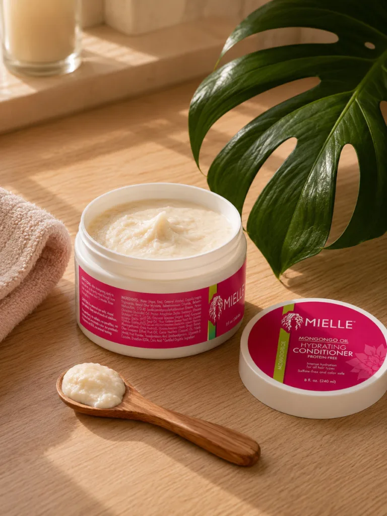 Open jar of Mielle Organics Mongongo Oil Hydrating Conditioner on a wooden counter