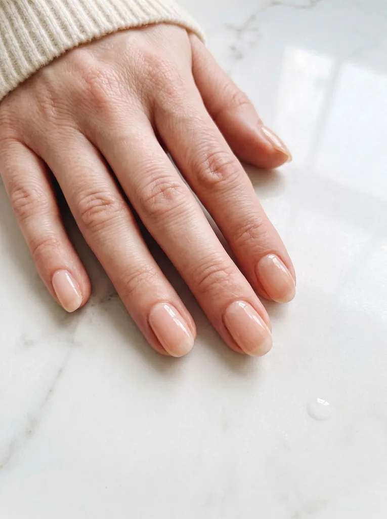 Milky peach nails with a sheer glass-like finish on fair skin