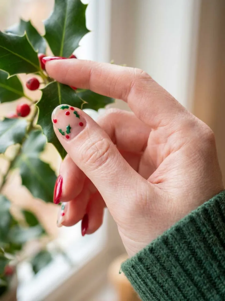 Red christmas nails with mini holly berry nail art beside a real holly sprig