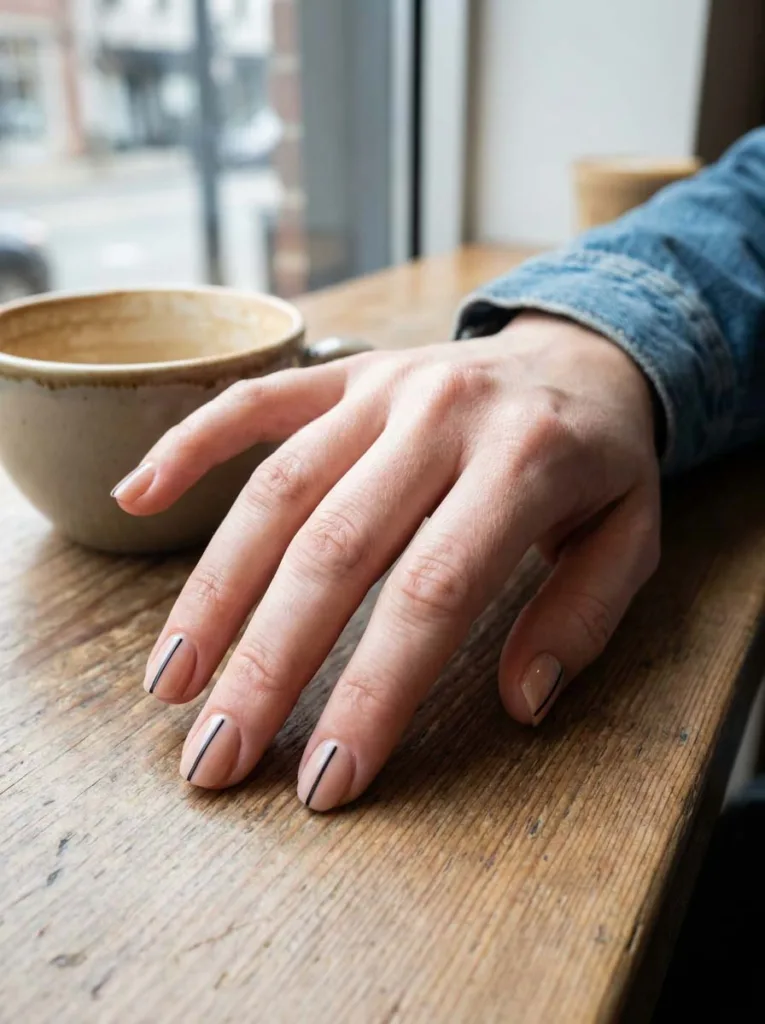 Minimalist black line art Christmas nails on a nude base beside a coffee cup