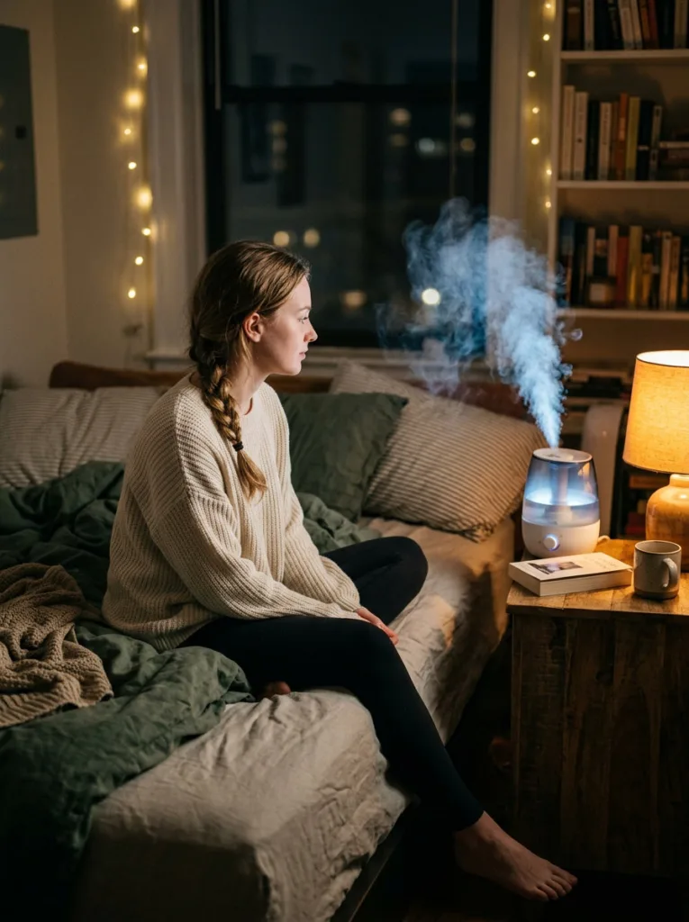 Humidifier running in a bedroom to help fix dry skin overnight