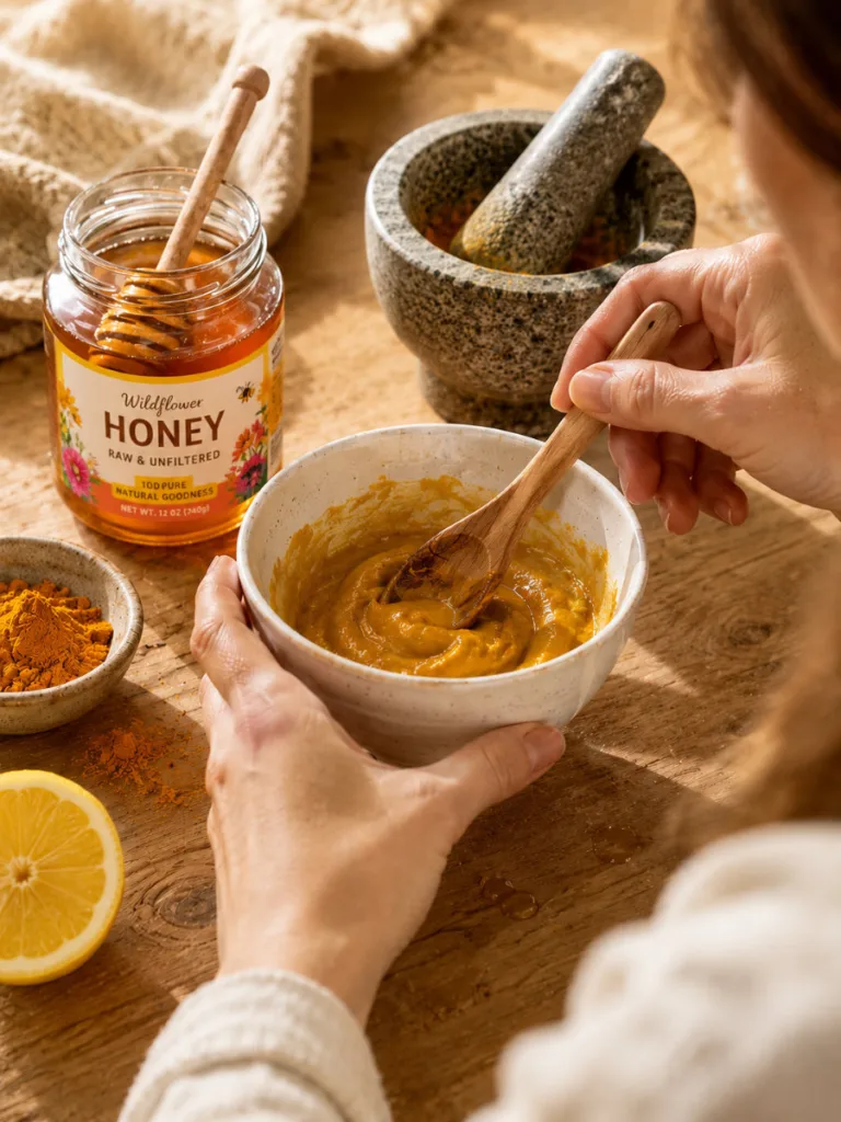 Hands mixing turmeric powder and honey in a bowl to make a homemade brightening mask