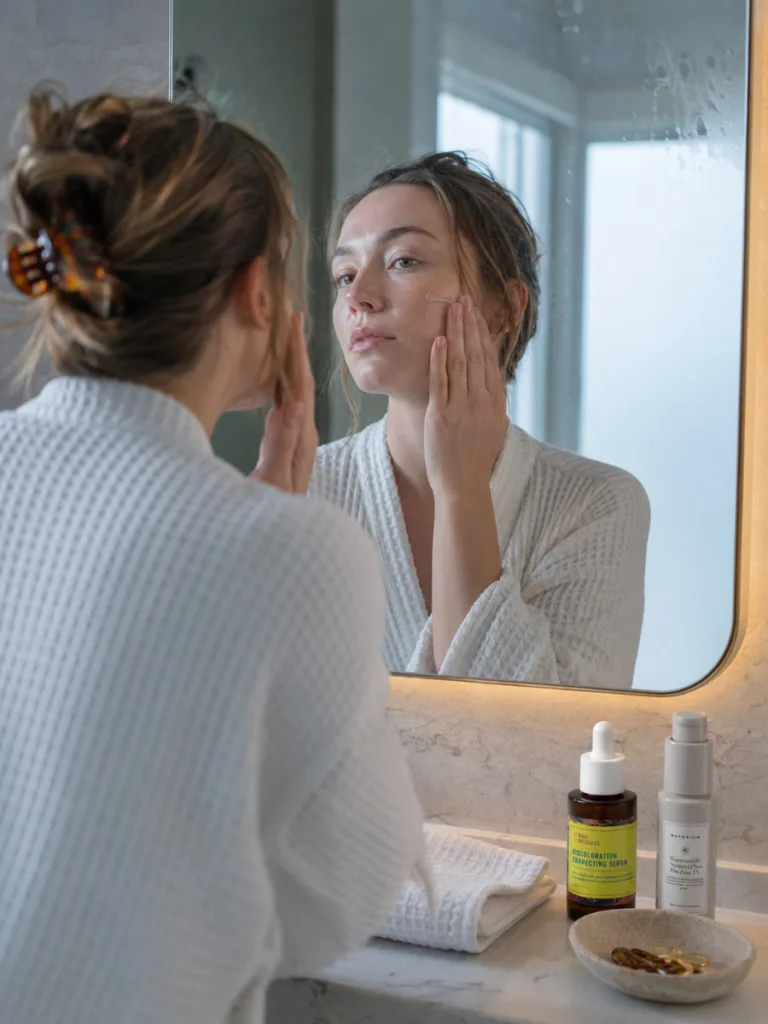 Woman in a white robe applying a vitamin C serum for brightening during her morning routine