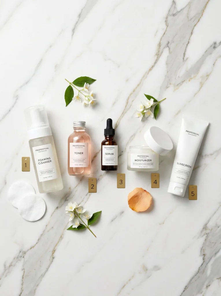Five skincare products numbered 1 to 5 in application order on white marble — morning skincare routine steps
