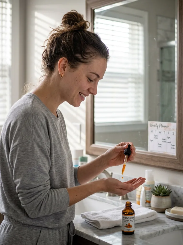 Woman applying turmeric serum in her morning skincare routine with a weekly planner visible in the background