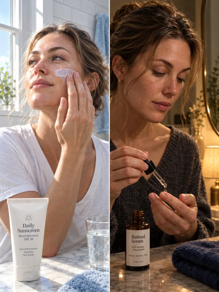 Woman following a morning and night skincare routine to reduce fine lines