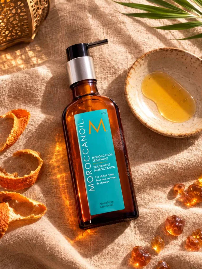 Moroccanoil Treatment Original bottle styled on linen fabric with warm desert lighting