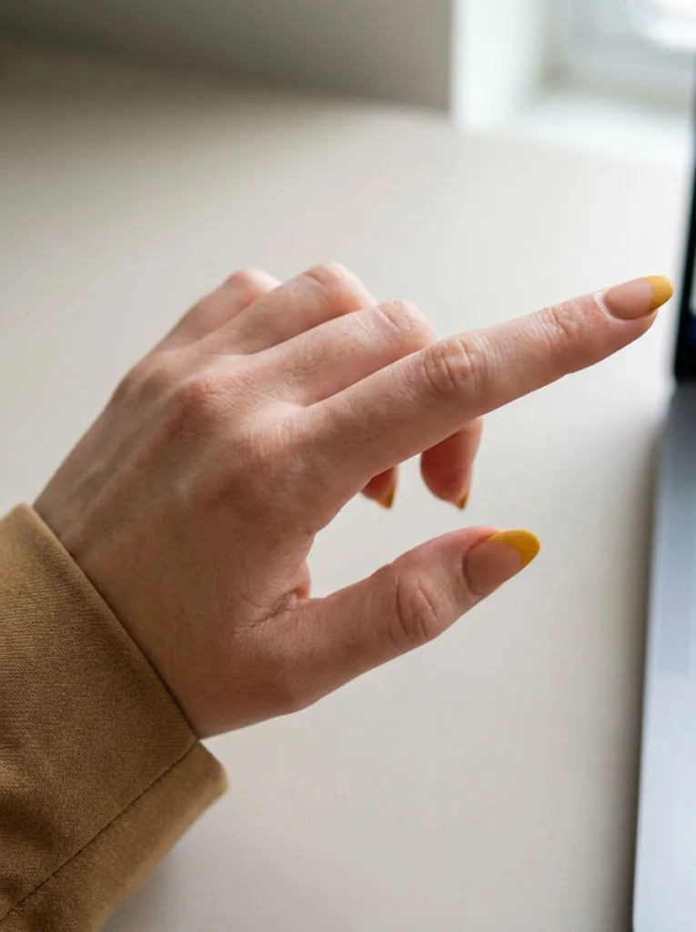 Close-up of mustard yellow French tip Thanksgiving nails