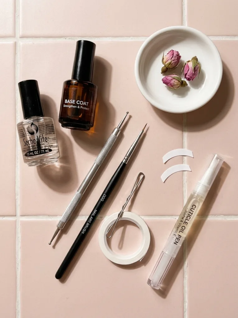 DIY valentines day nails tools flat lay including base coat, top coat, dotting tool, fine nail brush, painter's tape, and cuticle oil on a blush pink surface