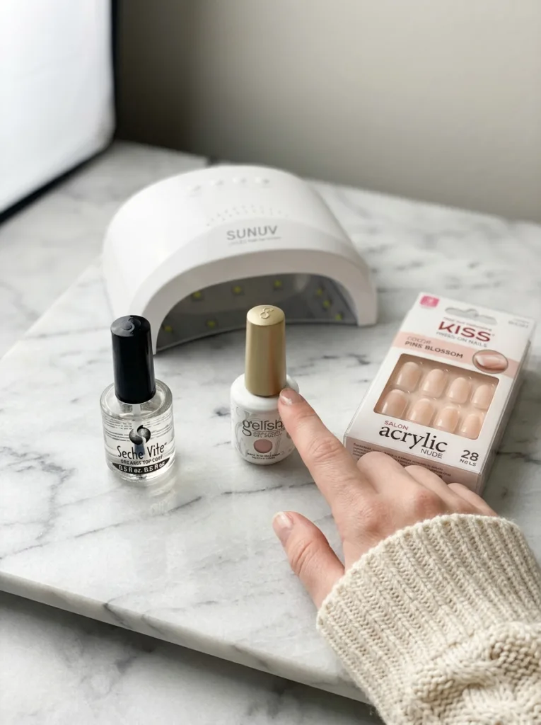 Three valentines day nail formulas side by side including regular polish, gel polish with UV lamp, and press-on nails on a white marble surface
