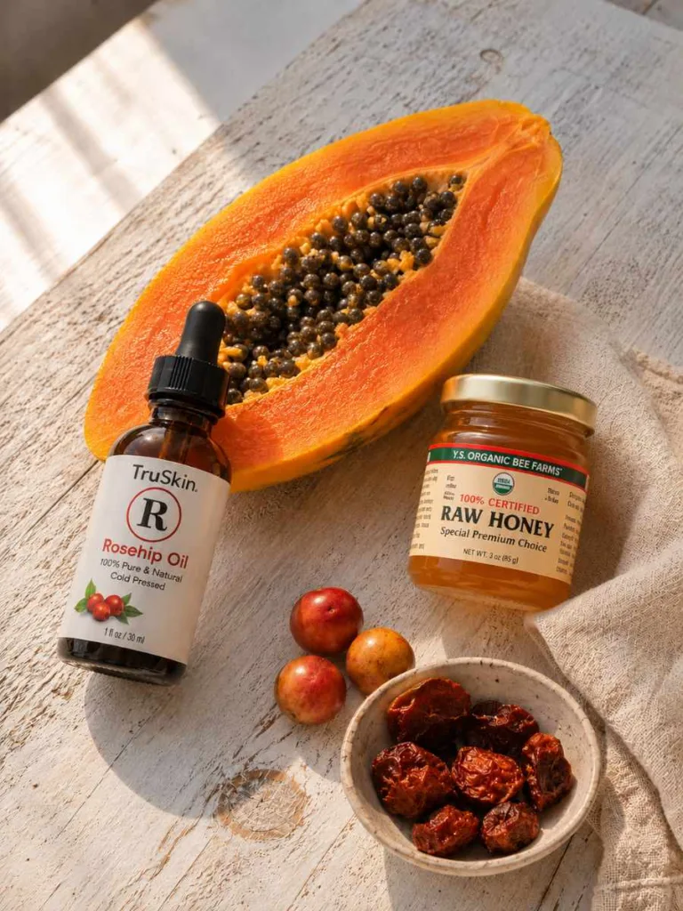 Natural vitamin C boosters including rosehip oil, papaya, and camu camu for glowing skin