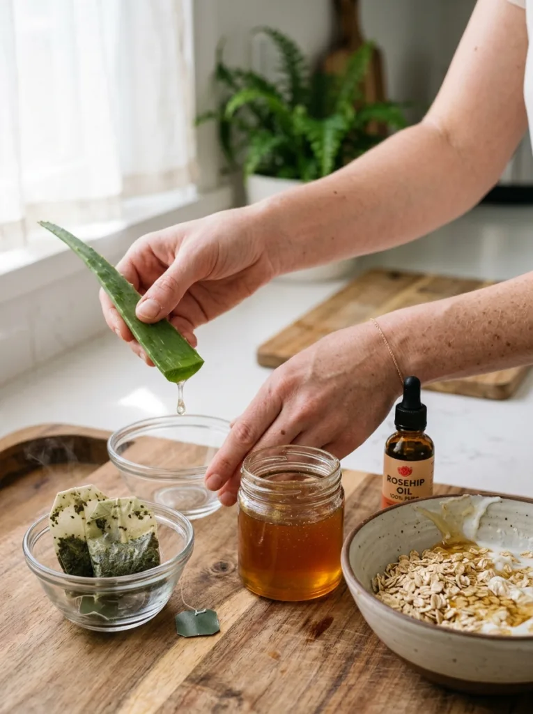 Hands preparing natural remedies for fine lines, including aloe vera, honey, rosehip oil, and oatmeal