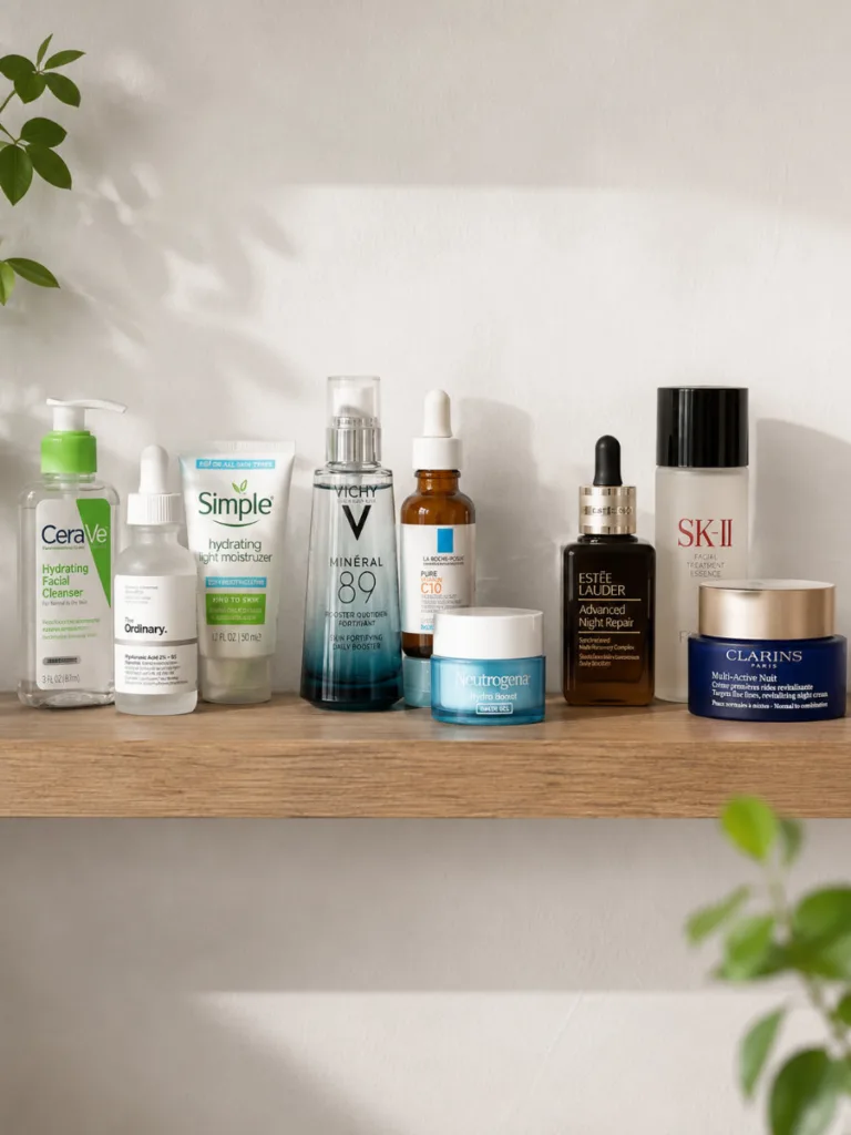 Natural skin care products grouped by budget tier on a shelf