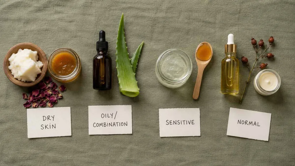 flat-lay of natural skincare ingredients grouped by skin type dry oily sensitive normal on sage green surface