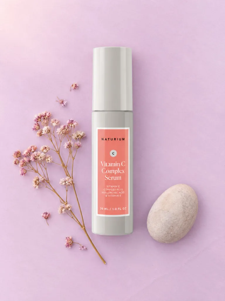 Naturium Vitamin C Complex Serum bottle on pastel lavender background