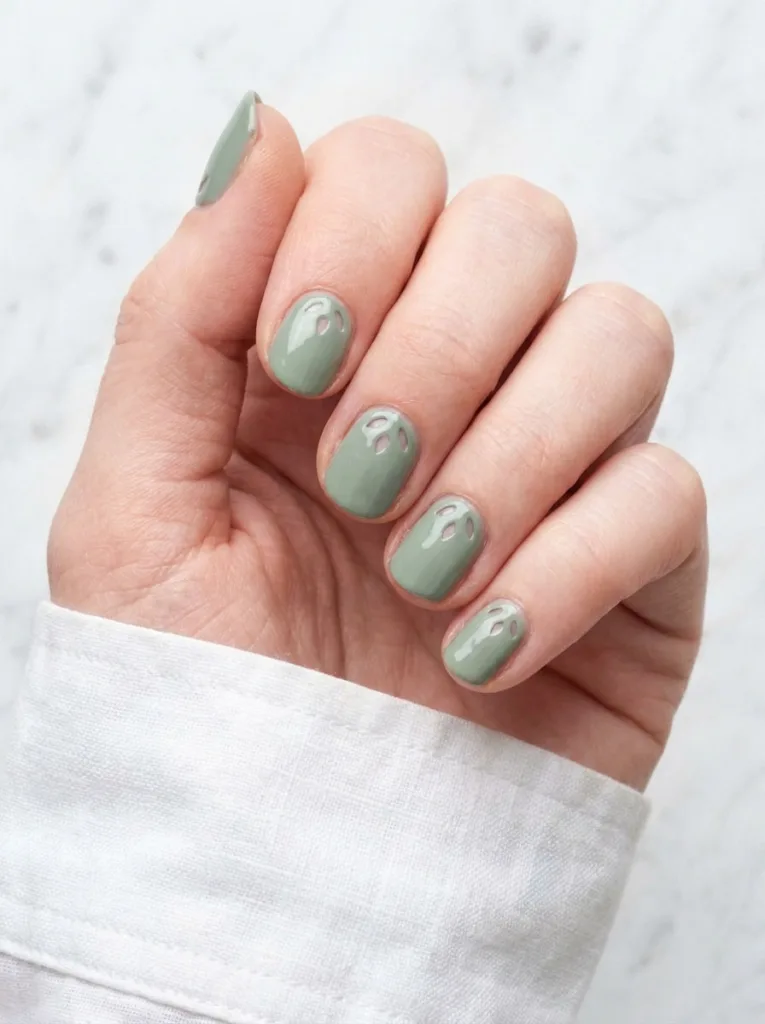 Close-up of negative space leaf nail art on a white marble surface