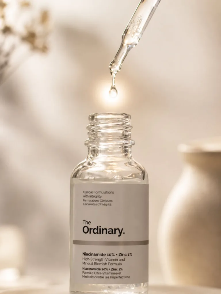 Droplet falling from a niacinamide serum dropper in close-up