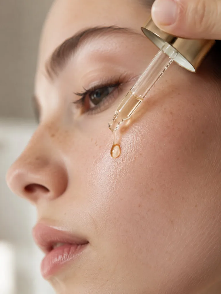 Applying a drop of niacinamide serum to dry skin