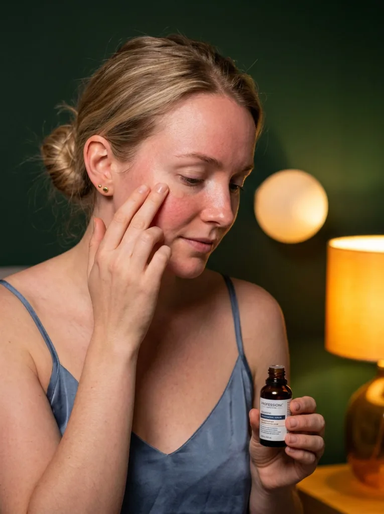 Fair-skinned woman applying serum under eye with ring finger in warmly lit bedroom — night skincare routine treatment step