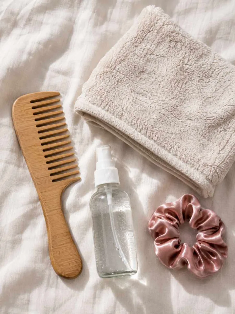Nighttime hair care prep tools including a comb, towel, and spray bottle
