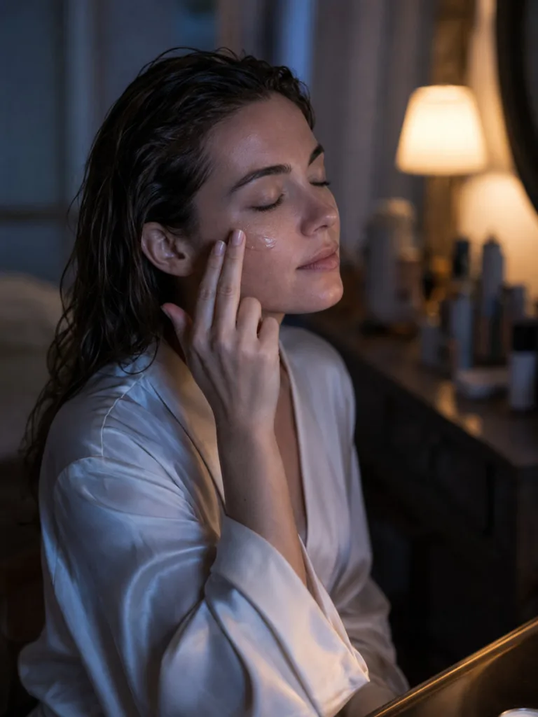 Woman applying an overnight sleeping mask as part of her nighttime skincare routine