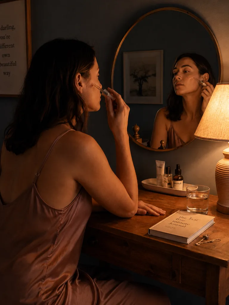 woman with fair skin applying retinol serum at dimly lit bedroom vanity with warm amber lamp glow at night