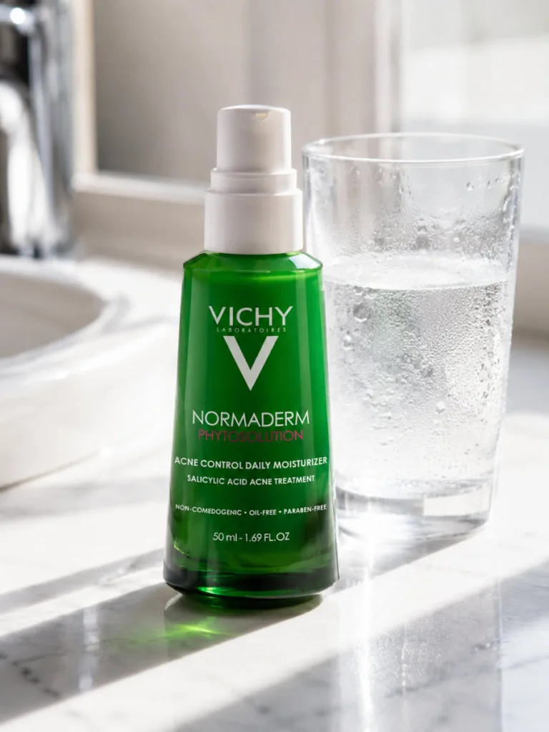 Vichy Normaderm serum bottle in its turquoise packaging on a bathroom counter beside a glass of water