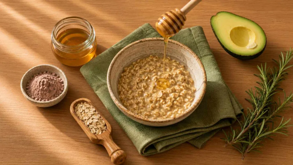 Organic face mask ingredients including honey, oats, clay, and avocado in a flat lay
