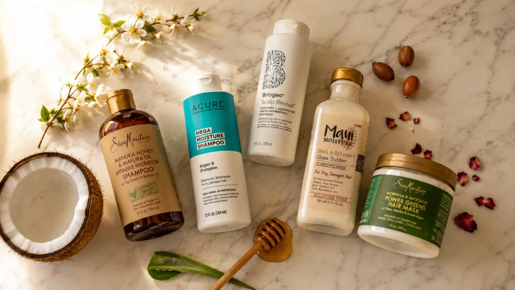 Organic and natural hair products for silky smooth hair in a flat lay with botanical oils on a white background