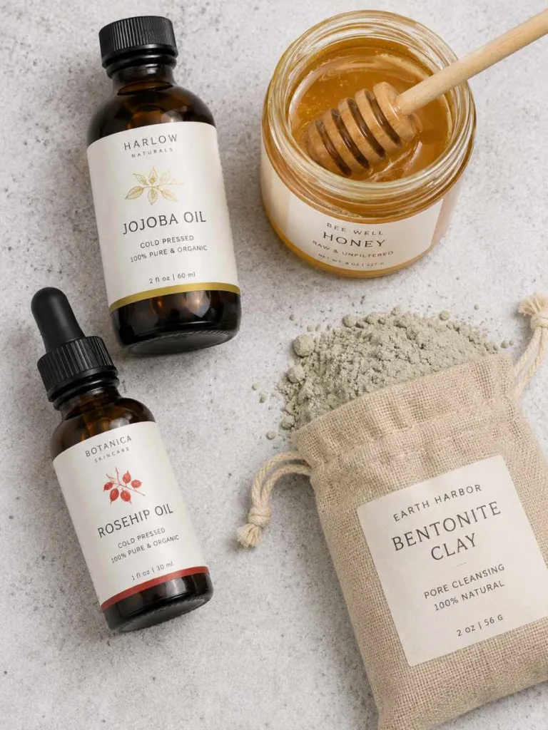 Organic skincare ingredients including jojoba oil, rosehip oil, honey, and clay
