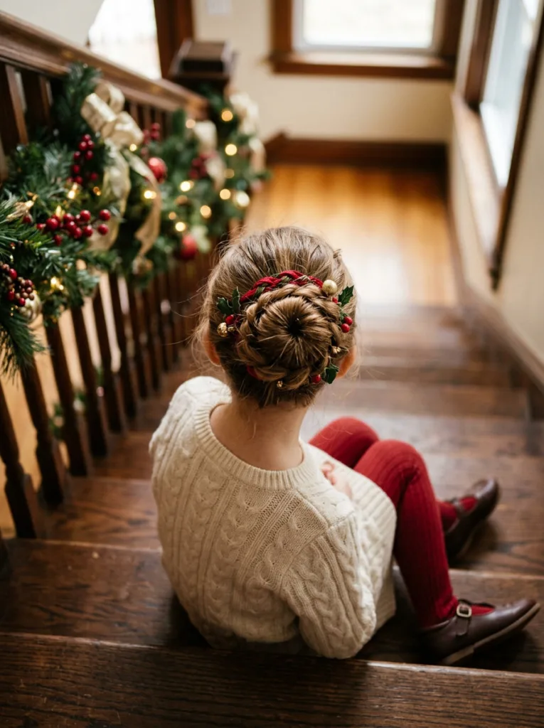 Ornament bun hairstyle wrapped in ribbon, a festive holiday hairstyle for kids