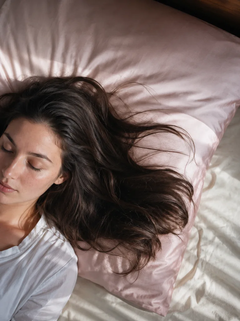 Woman sleeping on a silk pillowcase to prevent hair breakage overnight